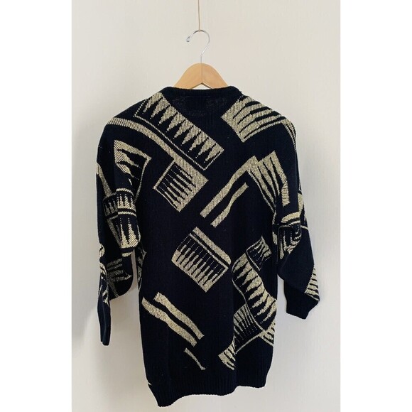 Vintage 90s Retro Ellen D Black & Gold Metallic Thread Geometric Sweater S/M - Picture 5 of 5